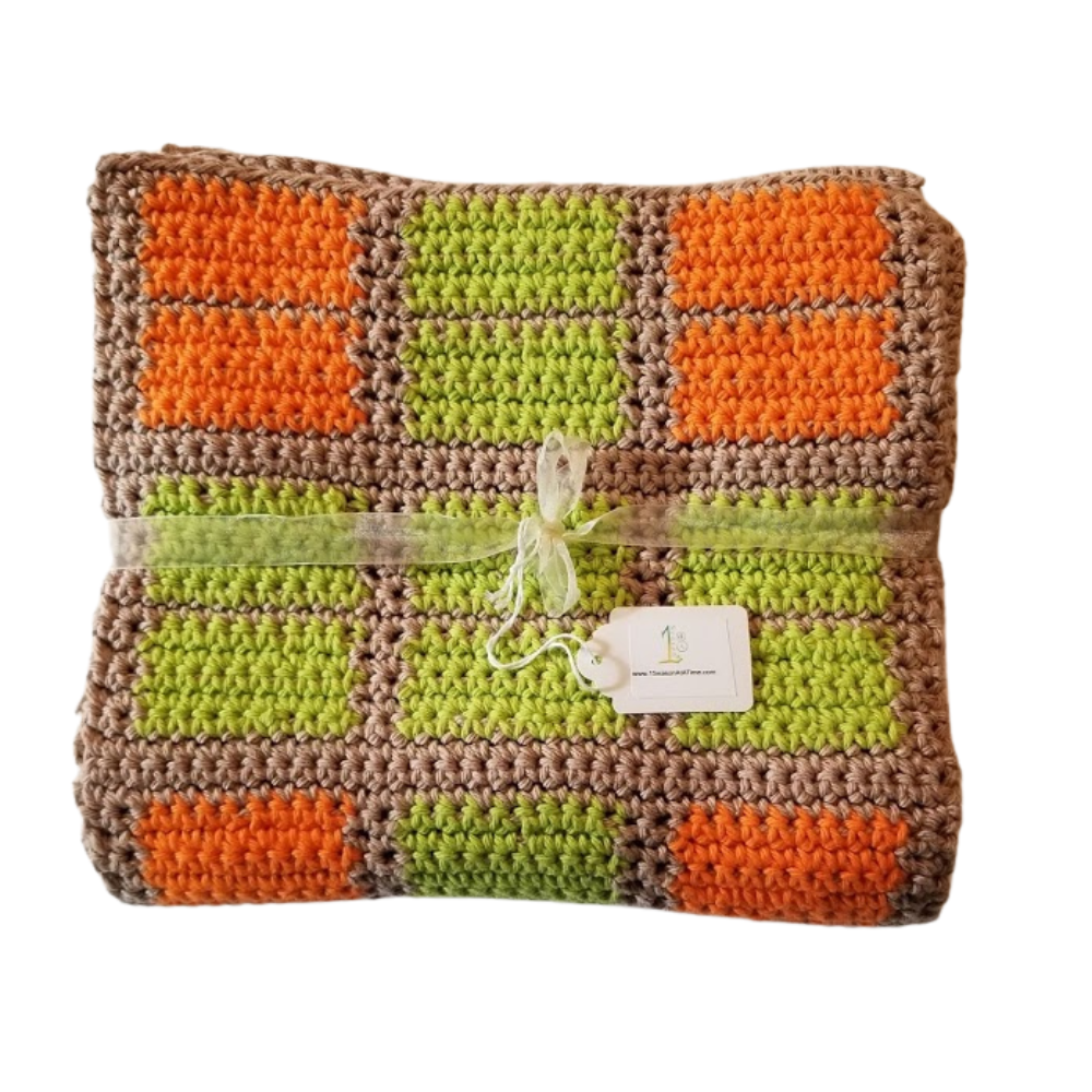 Handcrafted Set of 4 Crocheted Windowpane Placemats in Tan, Green, and Orange - Perfect for Boho Decor