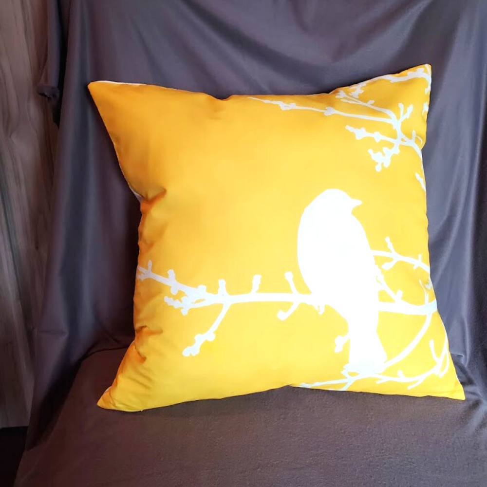 New Bright Bold Yellow Bird Silhouette Hidden Zipper Pillow Cover. Size 18x18in.