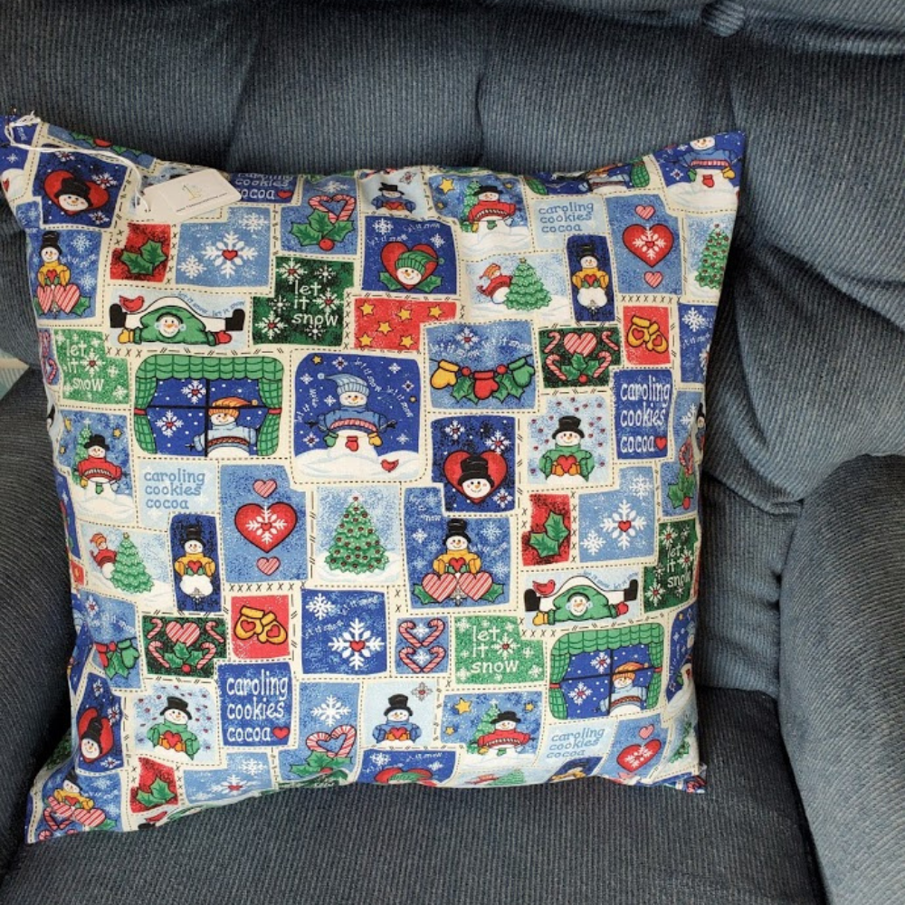Handcrafted Blue Snowman Christmas Pillow Cover.