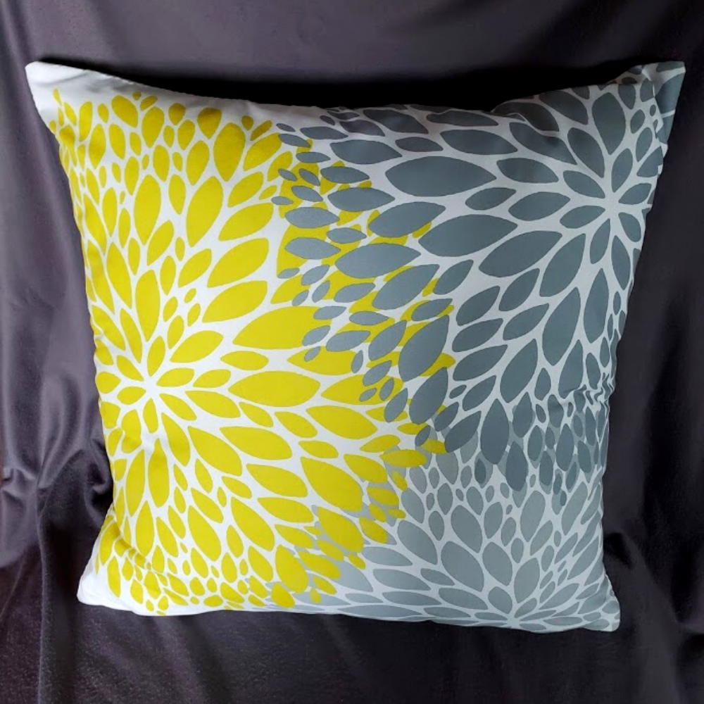 New Bold Flower Burst In Yellow And Gray 18x18 Zippered Pillow Cover.